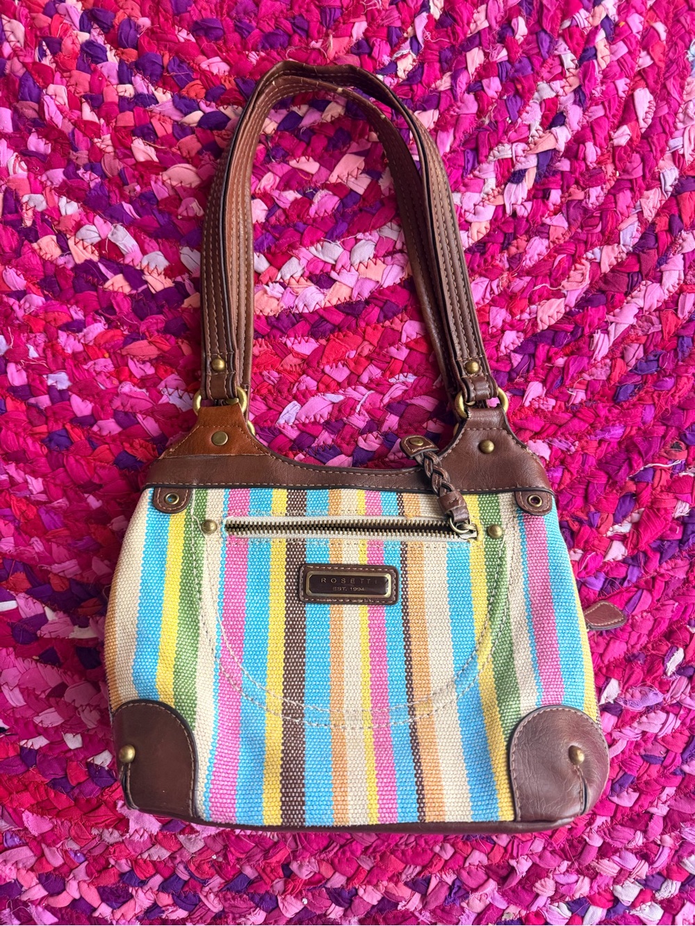 Rosetti Multicolor Striped Canvas Shoulder Bag with Brown Trim